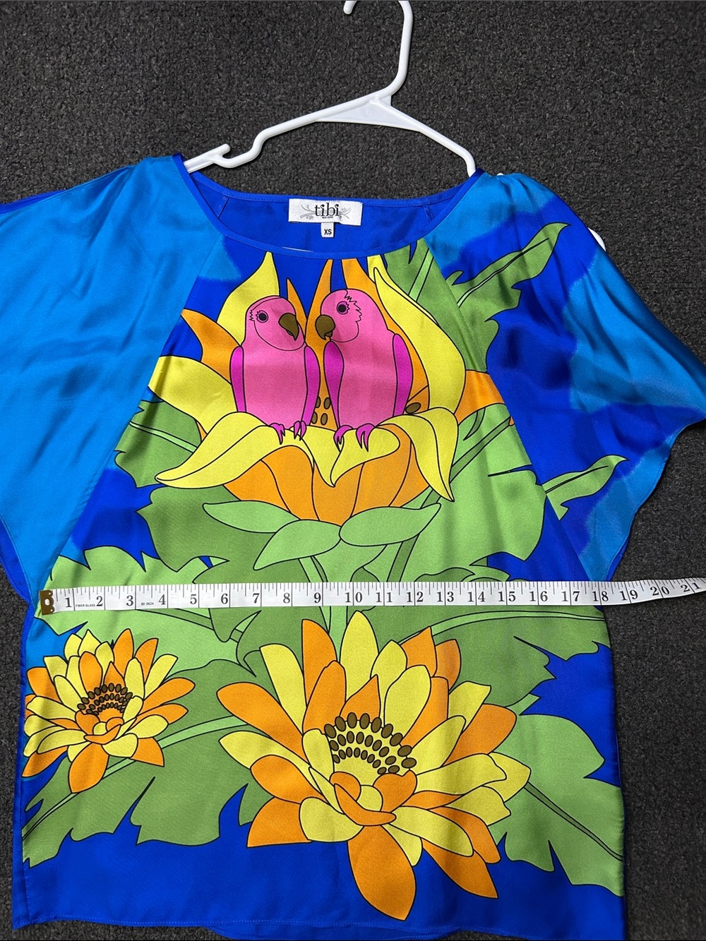 Tibi Bright Blue Silk Top with Pink Parrots & Yellow-Orange Florals